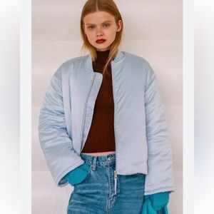 Urban Outfitters Powder Blue Puffer Oversized Satin Bomber Jacket